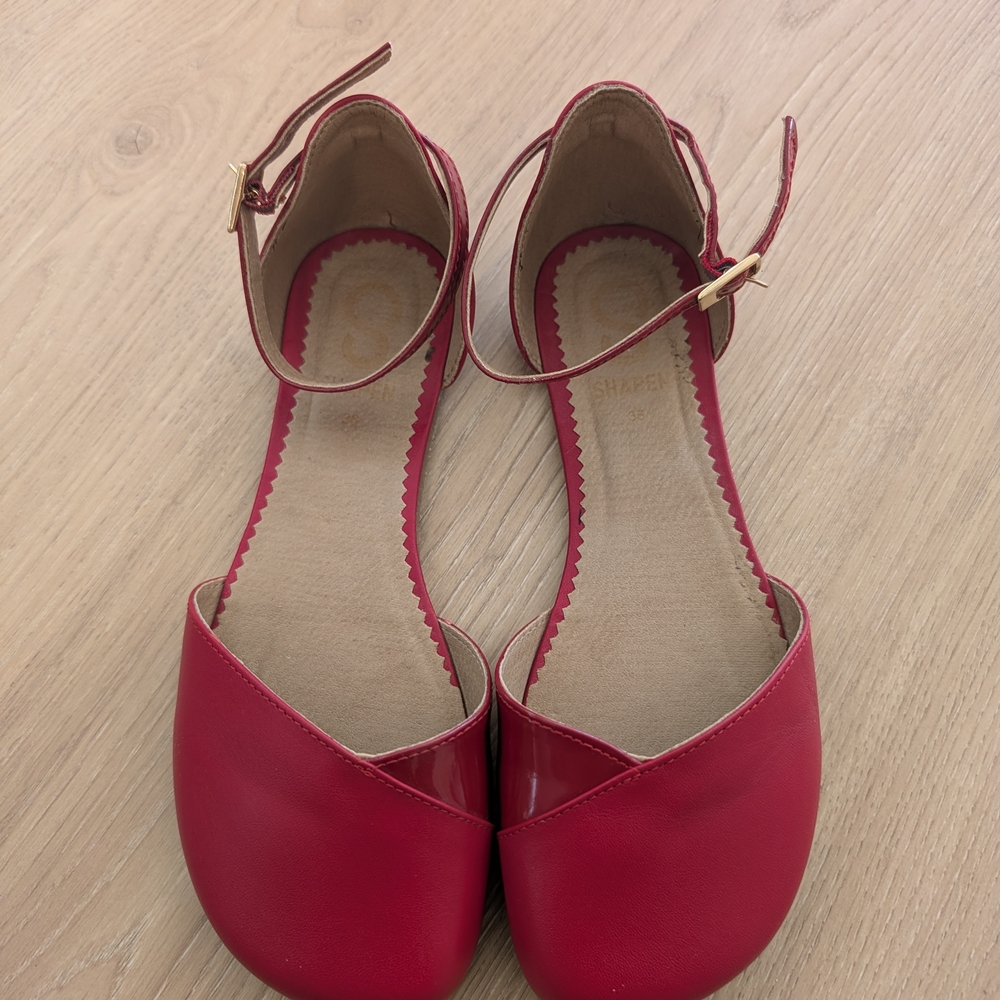 Red Suede Flats with Ankle Strap and Closed Toe